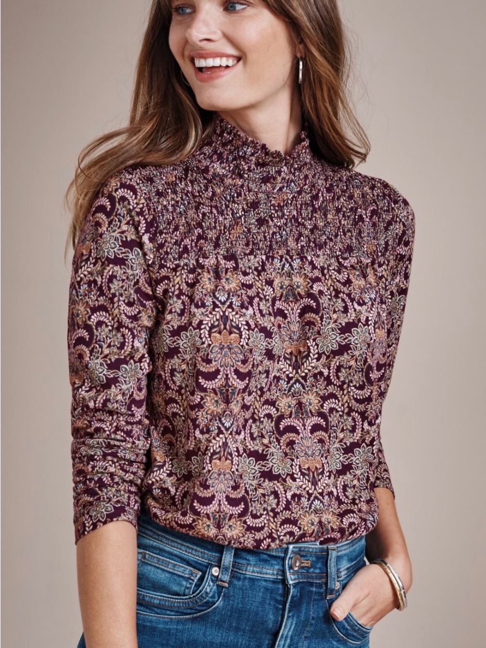 J. Jill Plum Floral Smocked Mock Neck Long Sleeve Top